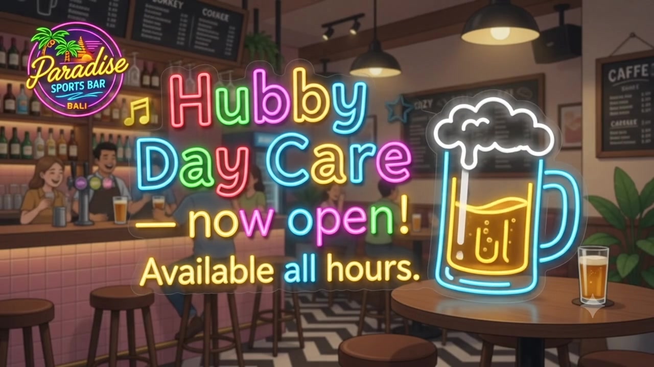 Illustrated bar interior with Hubby Day Care neon lettering and beer mug