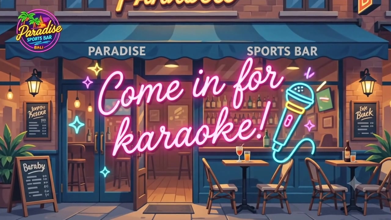 Night-time illustrated Paradise facade with neon karaoke lettering